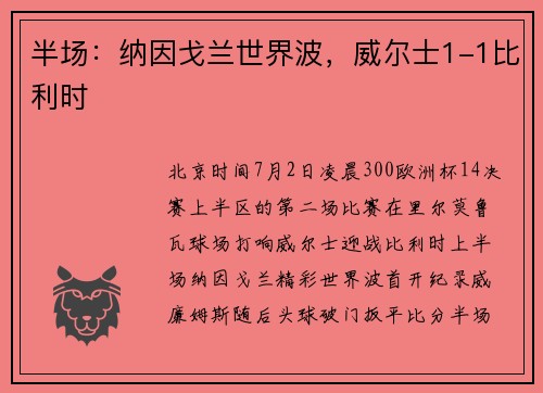 半场：纳因戈兰世界波，威尔士1-1比利时